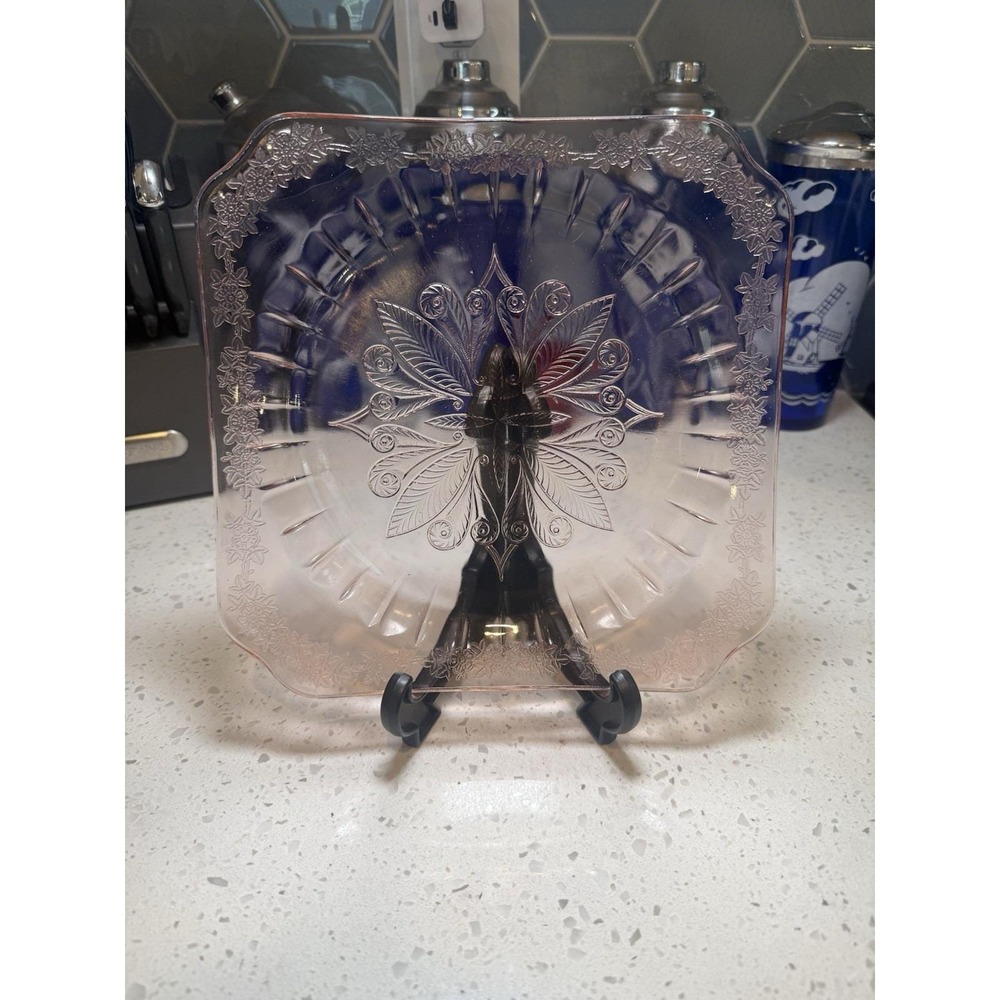 Jeannette Adam Pink 9" Dinner Plate Square Depression Glass